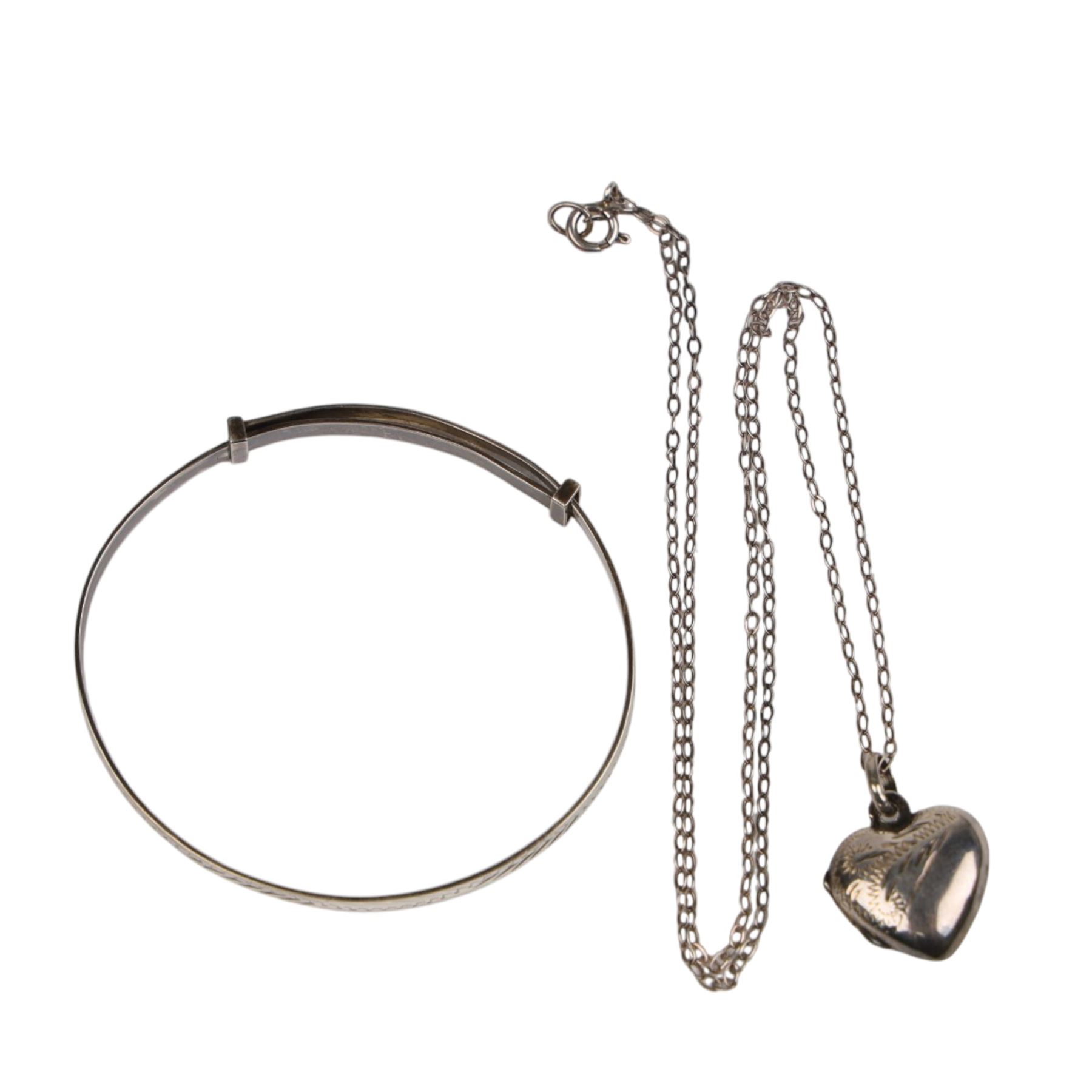 Two pairs of 9ct gold earrings and silver jewellery including jet brooch and earrings, heart pendant, St Christopher's and a bangle