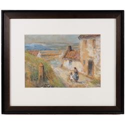 Scottish School (Early 20th Century): Mother and Child in a Rural Village, mixed media faintly signed MB?, 17cm x 25cm