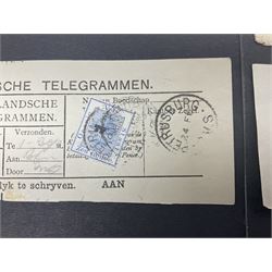 South Africa, Orange Free State, partial cover with one penny stamp cancelled with various postmarks 'Stopped By Censor Return To Sender' purple rectangular stamp and 'V R Opened Under Martial Law' pink slip and three telegrams with various stamp values