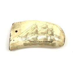  19th century Scrimshaw worked whale tooth decorated to one side with a three-masted ship, L12.5cm x W6.5cm  