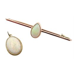 Early 20th century 9ct rose gold pear shaped opal bar brooch and an oval opal pendant, hallmarked 9ct