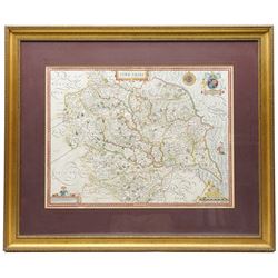 John Speed (British 1552-1629): 'Yorkshire', 17th century engraved map with hand-colouring, English text verso, pub. by Thomas Bassett and Richard Chiswell c.1676, 39cm x 52cm