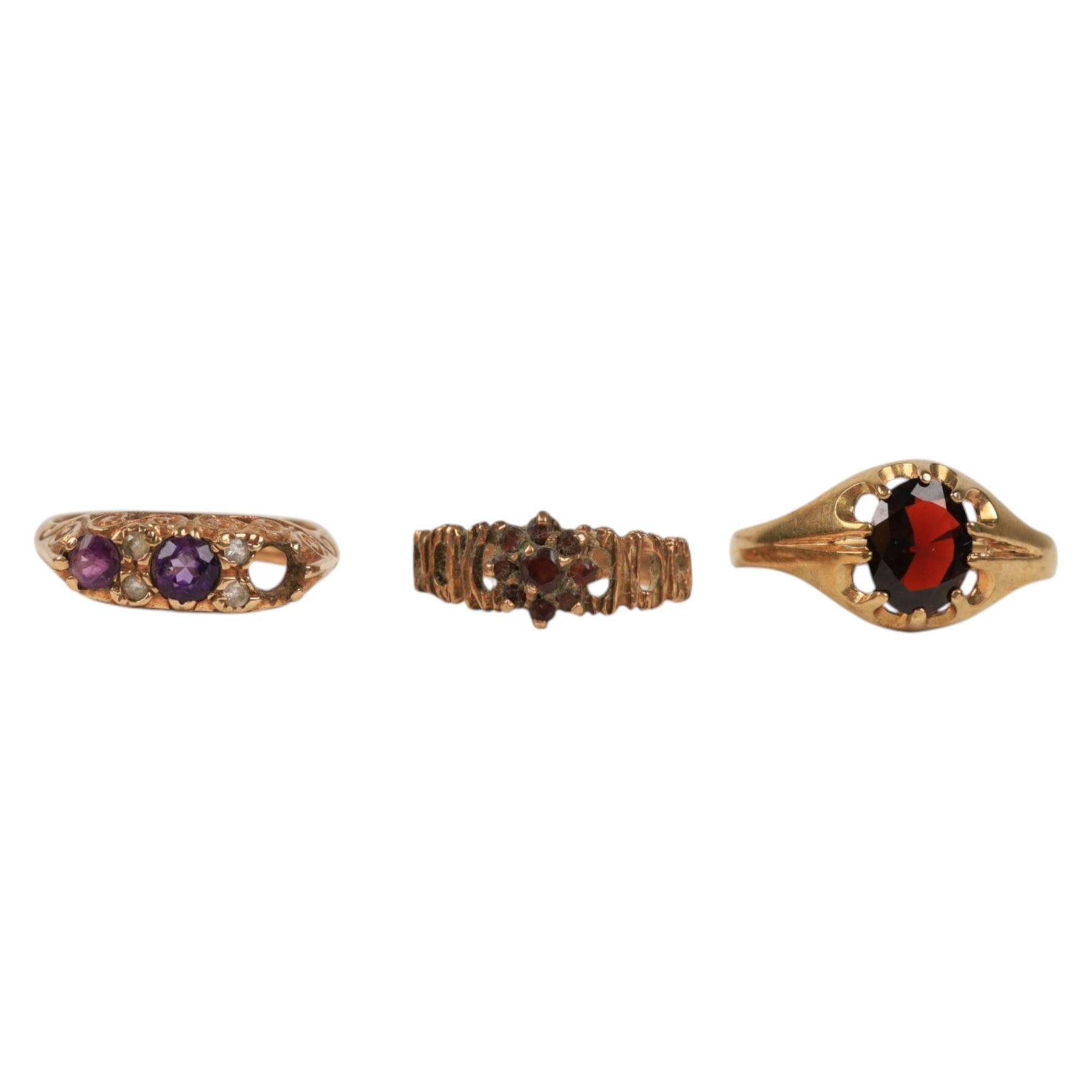 Three 9ct gold stone set rings, all hallmarked
