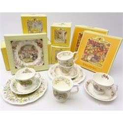   Royal Doulton Brambly Hedge The Engagement tea cup & saucer, plate and beaker, The Birthday tea cup & saucer and plate and Wedding cup & saucer, plate and beaker, all boxed   