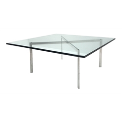  Square glass top coffee table, 'X' framed chrome supports, W102cm, H43cm, D102cm  