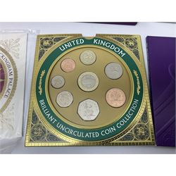 The Royal Mint United Kingdom 'Millennium' silver proof two coin set comprising 1999 and 2000 five pound coins, 2000 'The Queen Mother Centenary Year' silver proof crown, 2001silver proof one pound, 'Her Majesty The Queen Golden Jubilee 1952-2002' silver proof 2002 five pound coin and ten pound banknote set, all being cased with certificates, United Kingdom 1999 brilliant uncirculated coin collection in card folder, other commemorative coinage etc