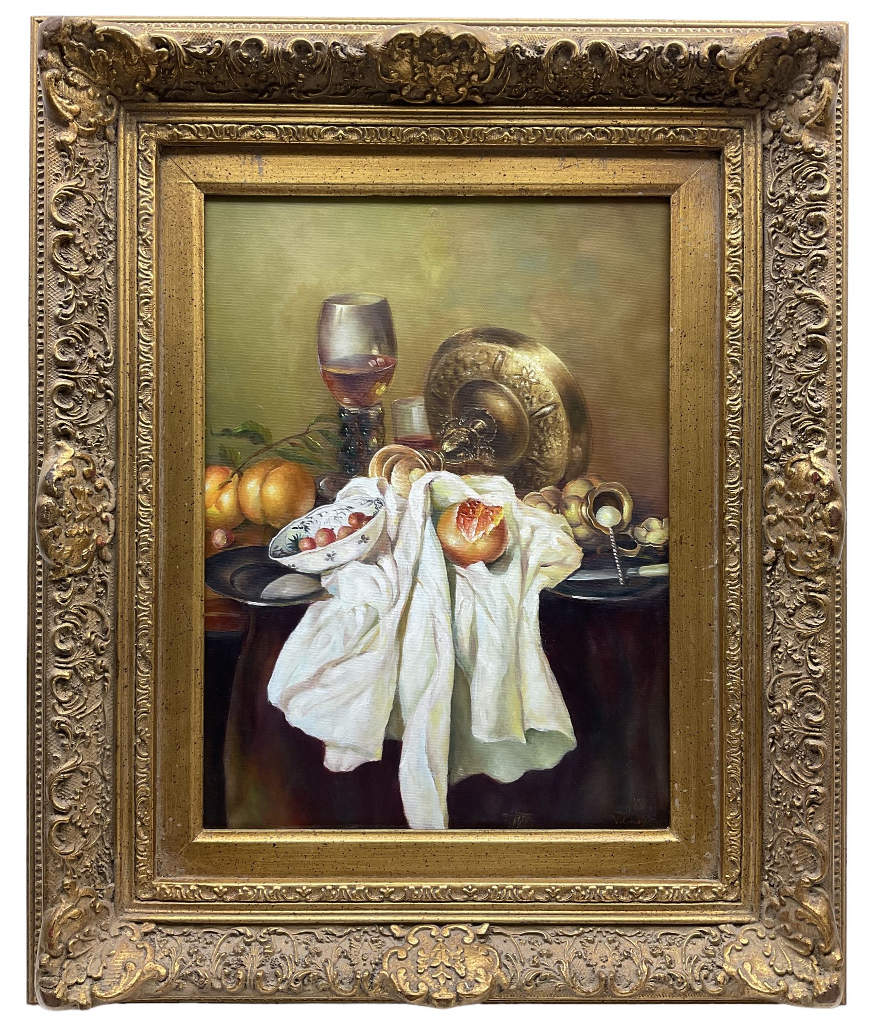 Continental School (20th century): Still Life with Fallen Candlestick, oil on canvas indistinctly signed 39cm x 29cm