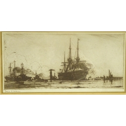  Sail and Steam boats in a busy Port, monochrome print after Frank Henry Mason, 12.5cm x 25cm    
