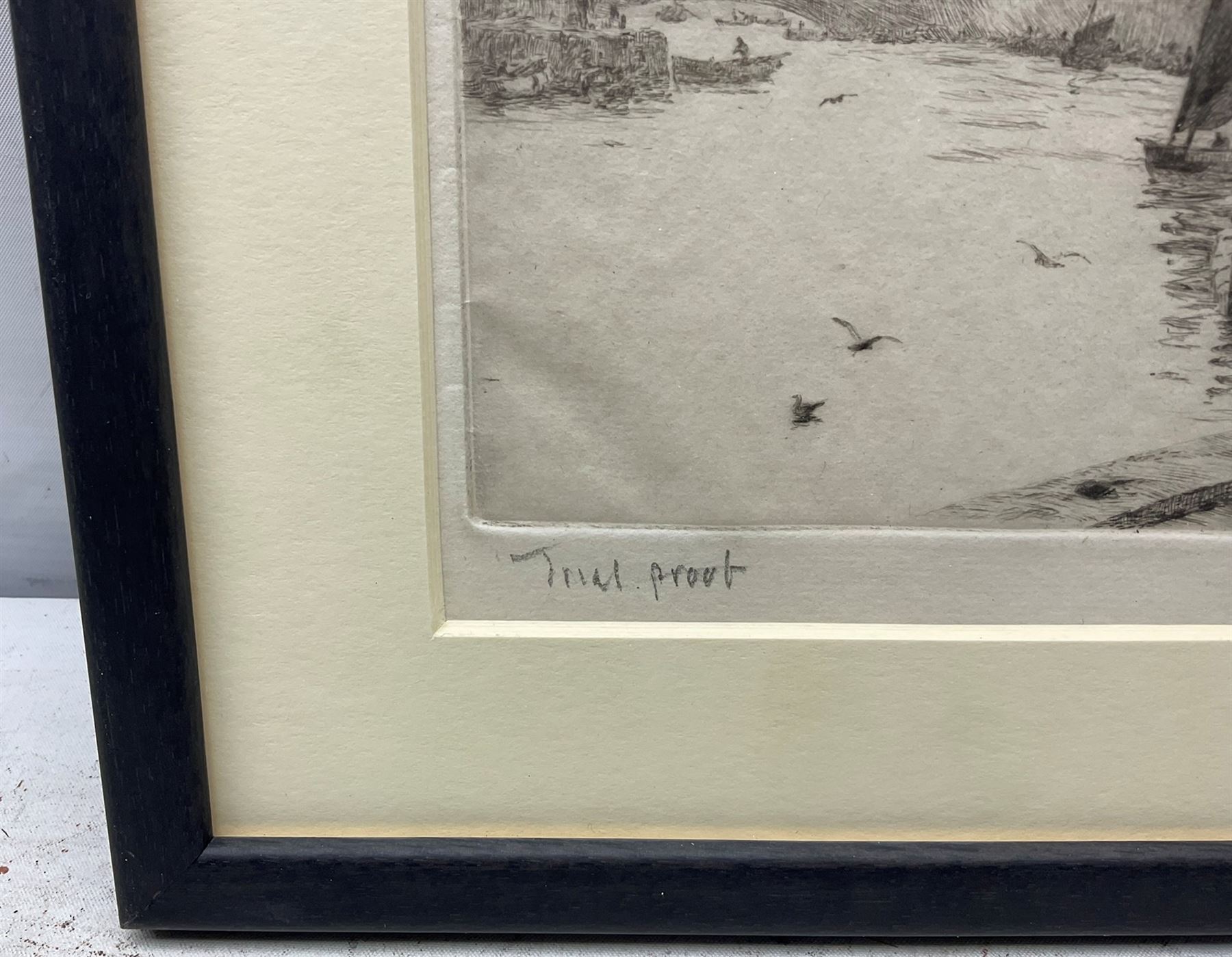 William Lionel Wyllie (British 1851-1931): 'Whitby' - the Fish Market, dry point etching inscribed in pencil 'Trial Proof' 16cm x 20cm
Provenance: with Chris Beetles, St. James's, London, label verso