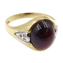 9ct gold cabochon garnet ring, with diamond set shoulders, hallmarked