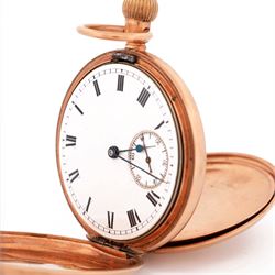 Early 20th century 9ct rose gold full hunter keyless lever pocket watch by American Watch Company, Waltham, No. 14757346, white enamel dial with Roman numeral hour markers and subsidiary seconds dial, case by William Ehrhardt, Birmingham 1916 