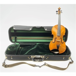 Late 19th century continental violin, possibly Italian, with 36cm two-piece maple back and ribs and spruce top, bears label 'Antonius Stradivarius Anno 1721', 60cm overall; in modern carrying case with silver mounted pernumbuco bow