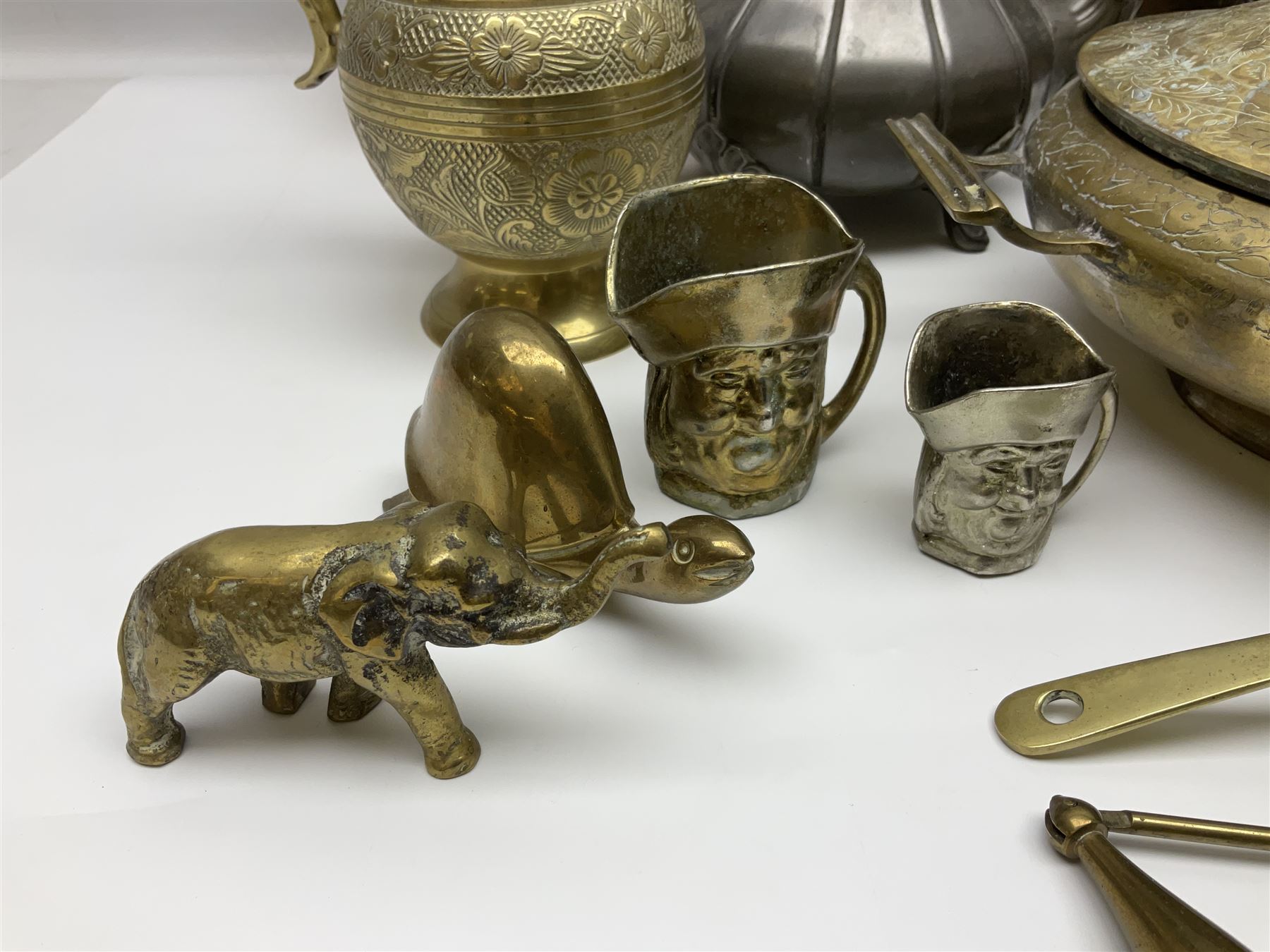 Collection of brassware, to include, kettles, jugs, owl figures etc