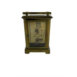 Early 20th century French carriage clock with a timepiece movement by Richard & Co Paris, pin pallet escapement with a platform balance, enamel dial, Roman numerals, minute markers and steel spade hands.