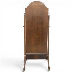 Georgian style mahogany cheval mirror, arched rectangular mirror plate within a moulded frame, on turned supports with brass adjustment mounts, raised on downswept supports terminating in claw feet