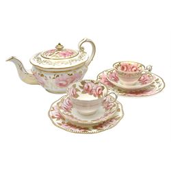 Early 19th century Daniel tea set for one, comprising tea pot, tea cup and saucer, and plate, decorated in pattern no 3785, painted with pink roses and gilt foliage, teapot H15cm, teacup H6cm, saucer D14cm, plate D21cm, together with a similarly decorated 19th century teacup, saucer and plate. 