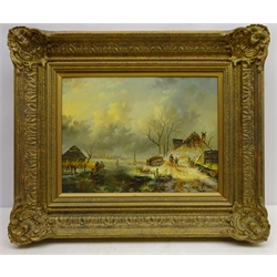  Continental Winter Landscape with Figures on a River, 20th century oil on panel signed K. Shultz 29cm x 39cm in ornate gilt frame  