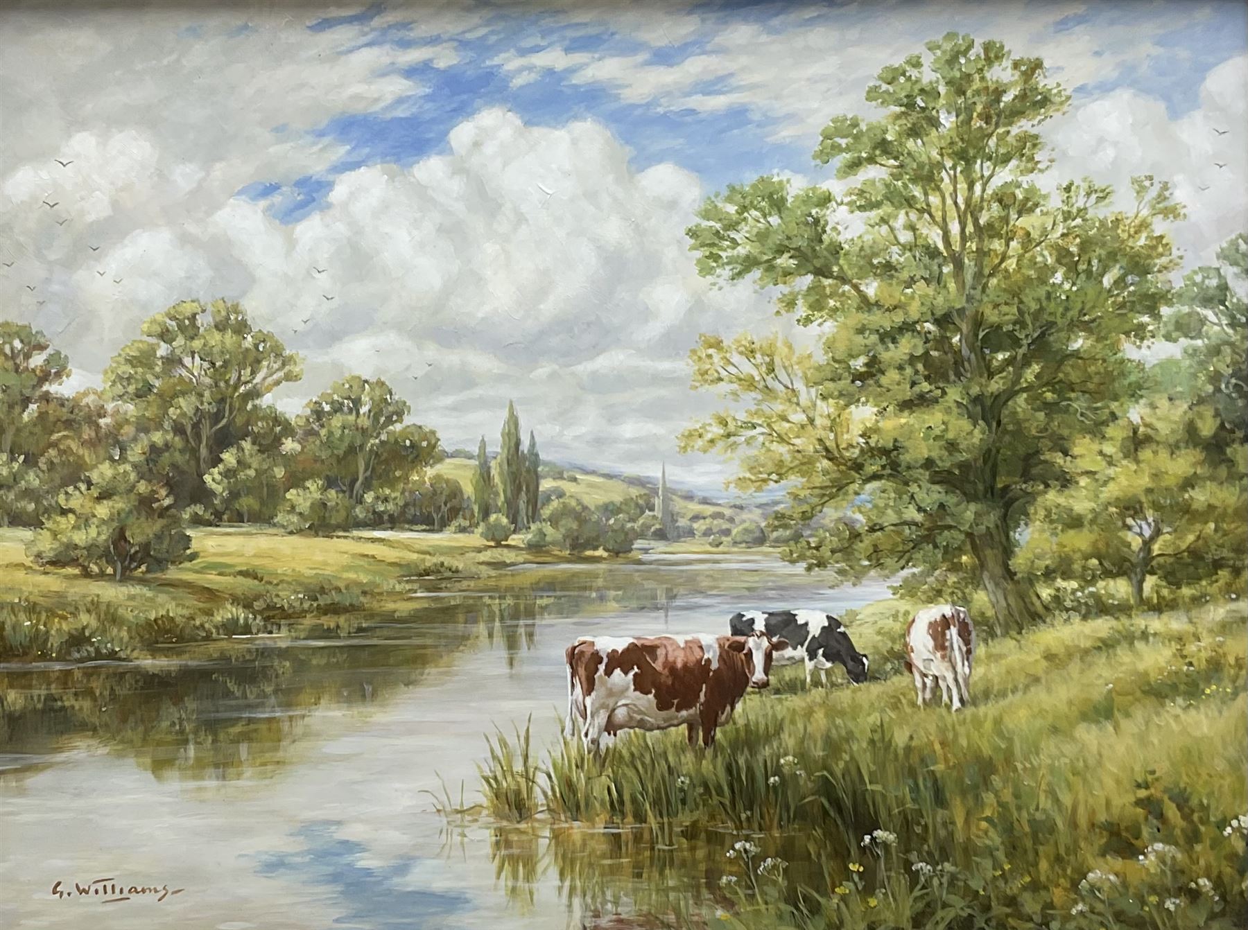 Glynn Williams (British 1955-): 'Cows Grazing by the River', oil on board signed, dated '98 on original receipt 29cm x 39cm
Provenance: with Hibbert Bros., Sheffield, label and receipt verso