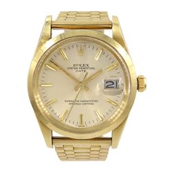 Rolex Oyster Perpetual Date gentleman's 14ct gold wristwatch, model No. 15007, serial No. 7526039, circa 1983, on 9ct gold bracelet, London 1988, with original Rolex gilt buckle detached