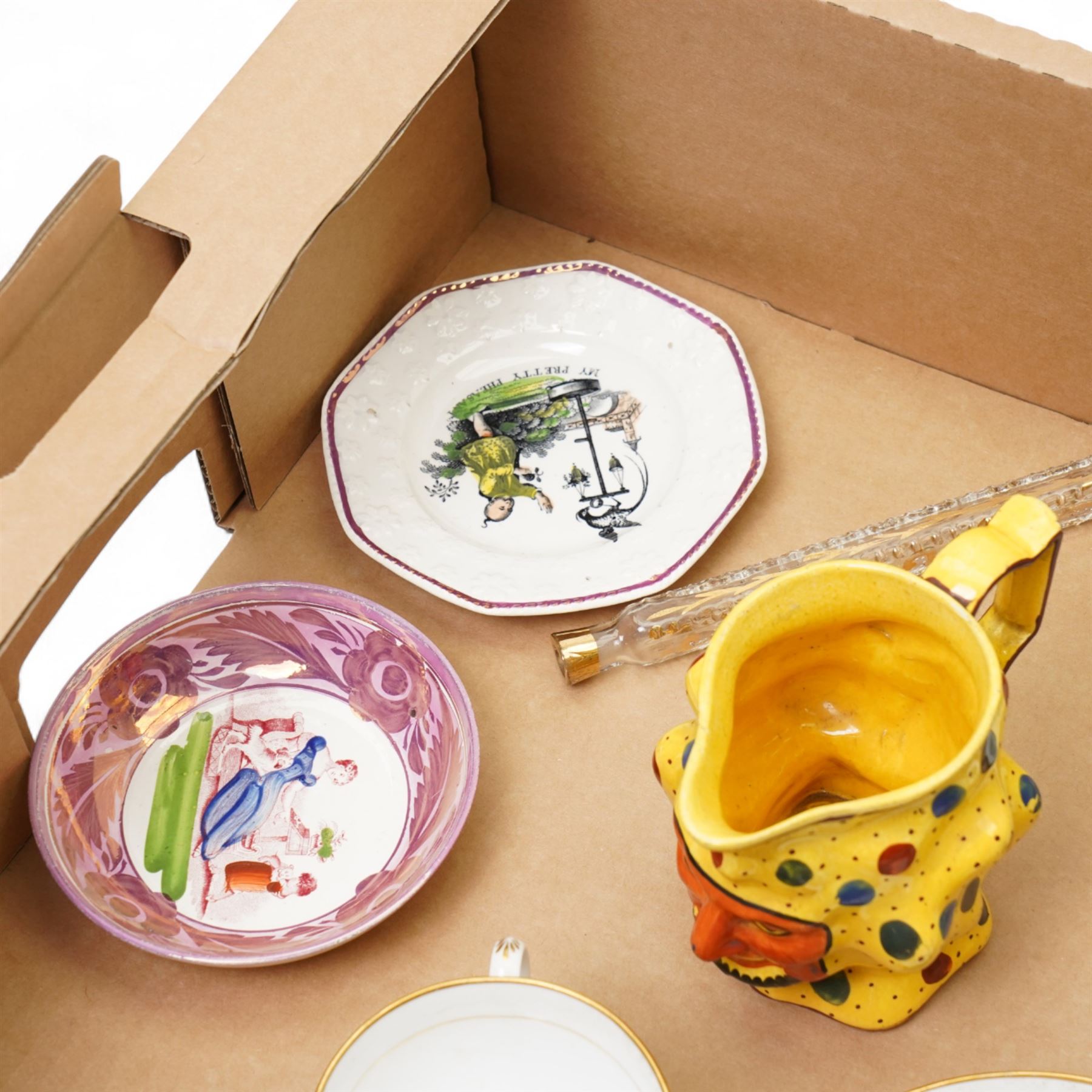 Sunderland lustre saucer dish by Dawson & Co, collection of 19th century teaware decorated with mother and child scenes after Adam Buck, 19th century nursery plate, 19th century style Satyr mask jug but later, etc