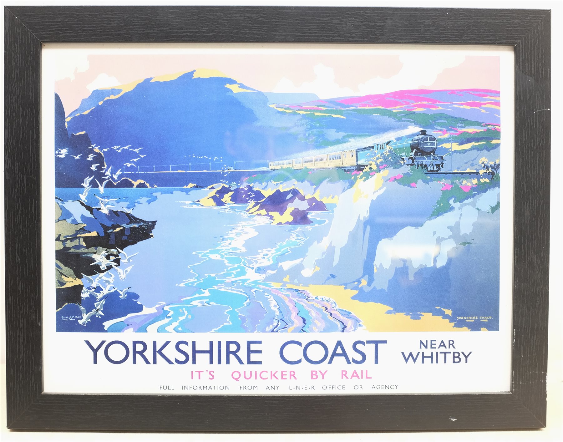 After Frank Henry Mason (Staithes Group 1875-1965): 'Yorkshire Coast near Whitby', reproduction railway poster 29cm x 38cm