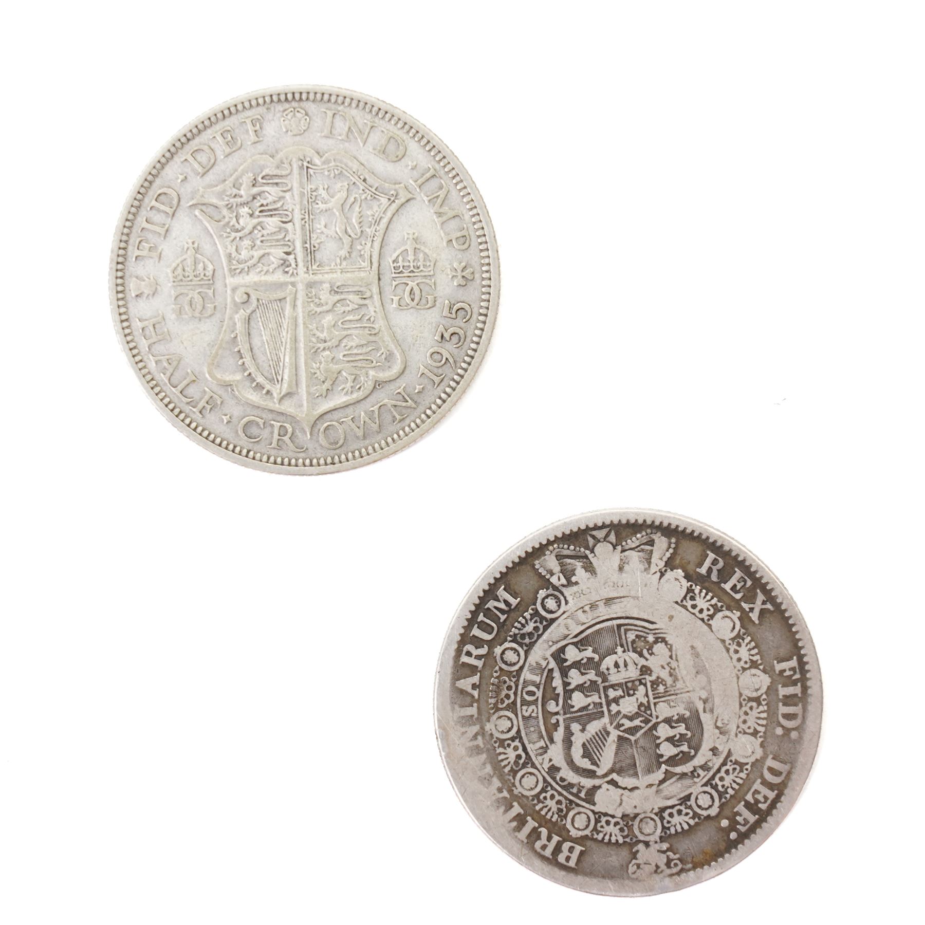 Two Queen Victoria silver one crown coins, 1889 and 1890, George III 1817 silver half crown, King George V 1935 silver half crown, and seven further coins