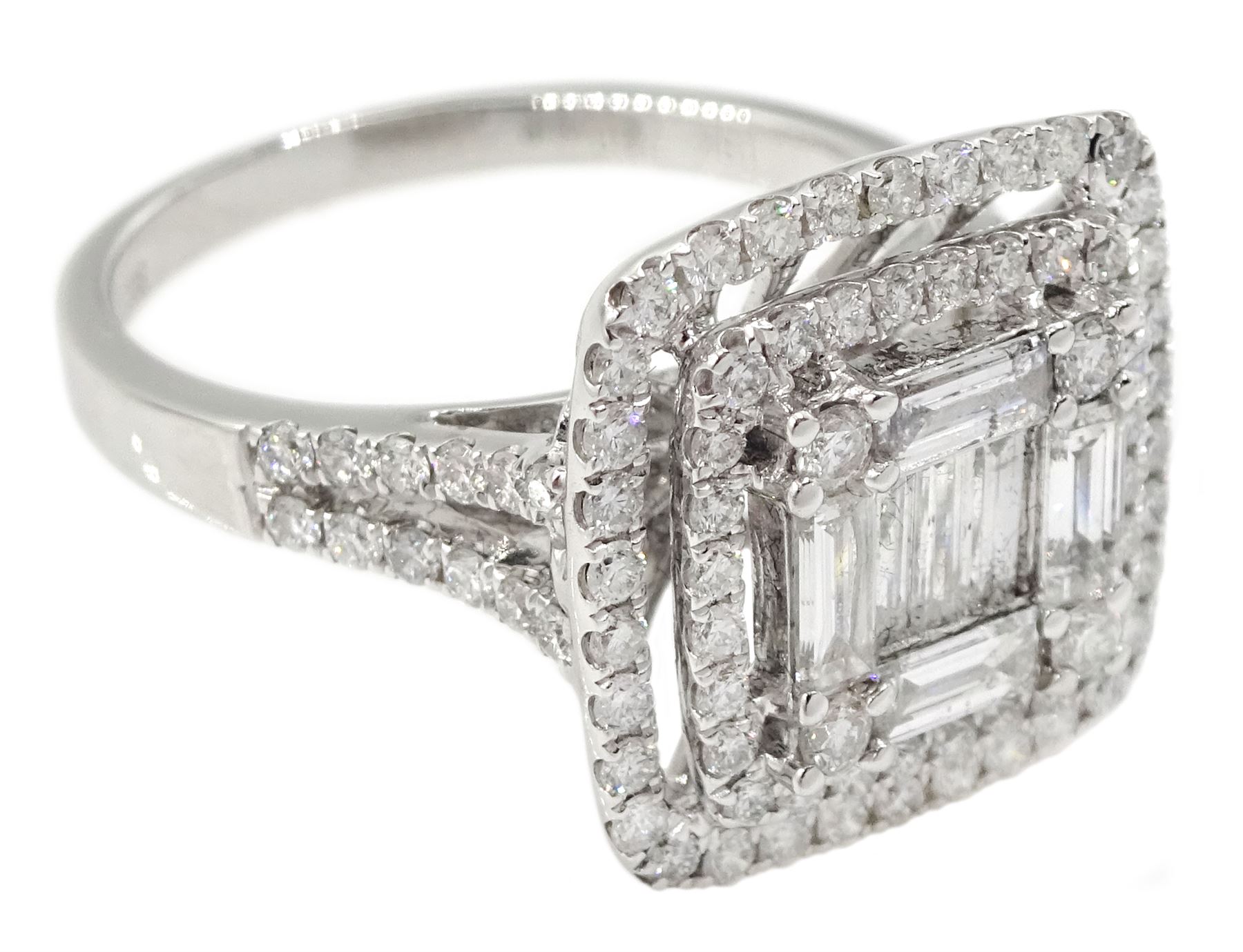 18ct white gold round brilliant cut and baguette cut diamond cluster ring, with diamond set shoulders, total diamond weight approx 1.25 carat