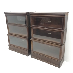  Pair Globe Wernicke mahogany three tier stacking library bookcases, W87cm, H127cm, D32cm  