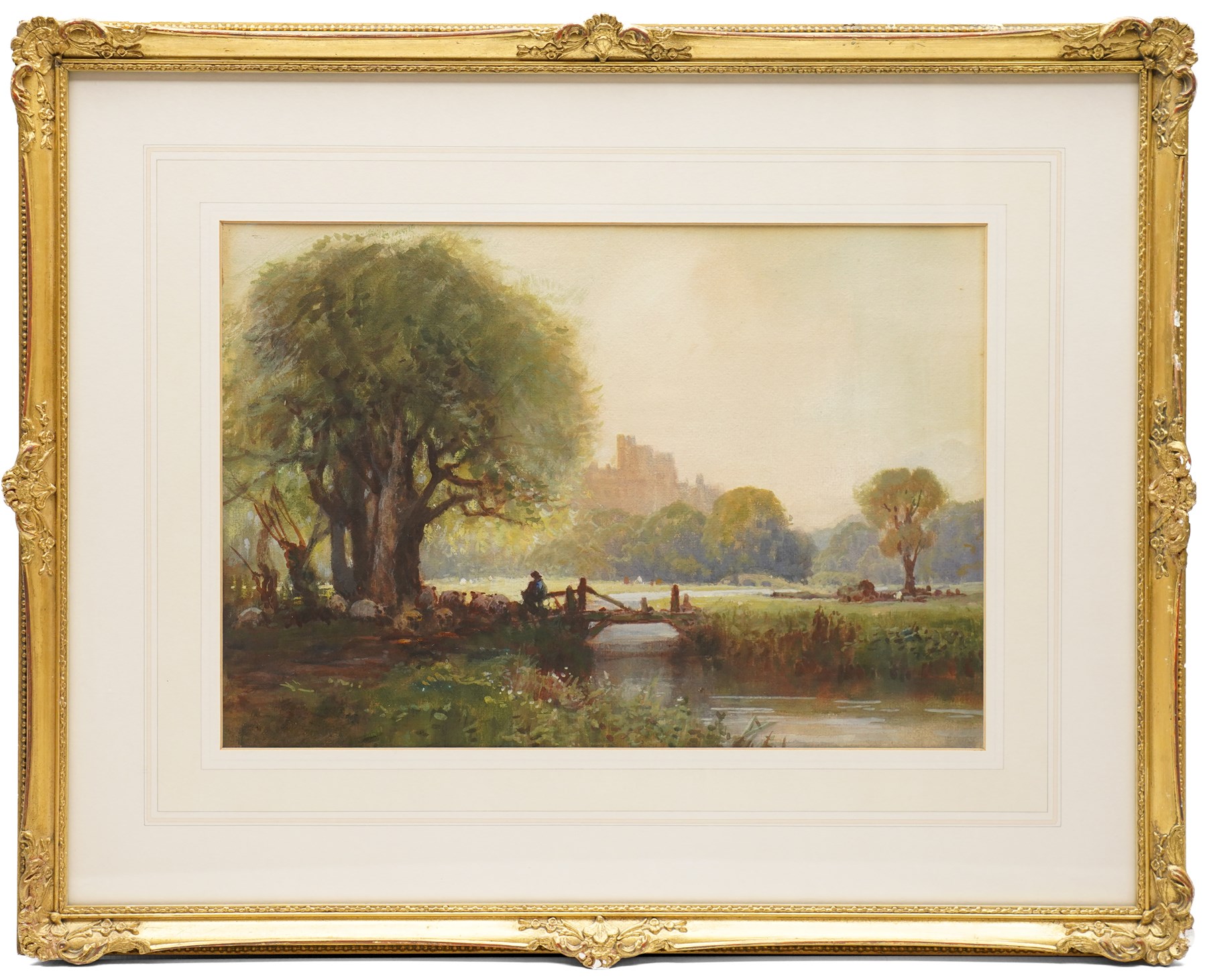 English School (Early 20th century): Shepherd and Flock with Distant Castle, watercolour unsigned 25.5cm x 37.5cm