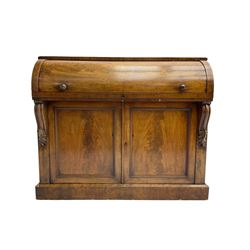 Victorian mahogany roll-top writing desk, top concealing fitted interior with pigeonholes ...