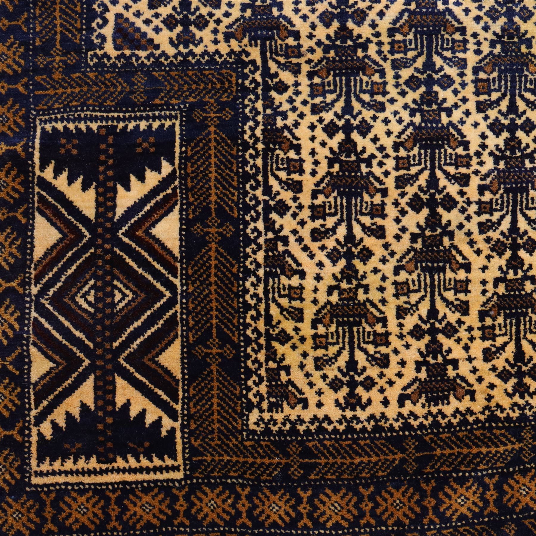 Afghan Ersari hand-knotted rug, apricot field decorated with three large octagonal gul medallions filled with geometric floral motifs, flanked by small tribal devices, end fringe fraying 97x167cm, together with a Baluch prayer rug, decorated with stylized tree motifs arranged in vertical rows beneath a stepped mihrab arch with multiple narrow borders of angular tribal motifs in shades of indigo, brown, and ochre fraying to flatweave ends, 134x84cm, (2)