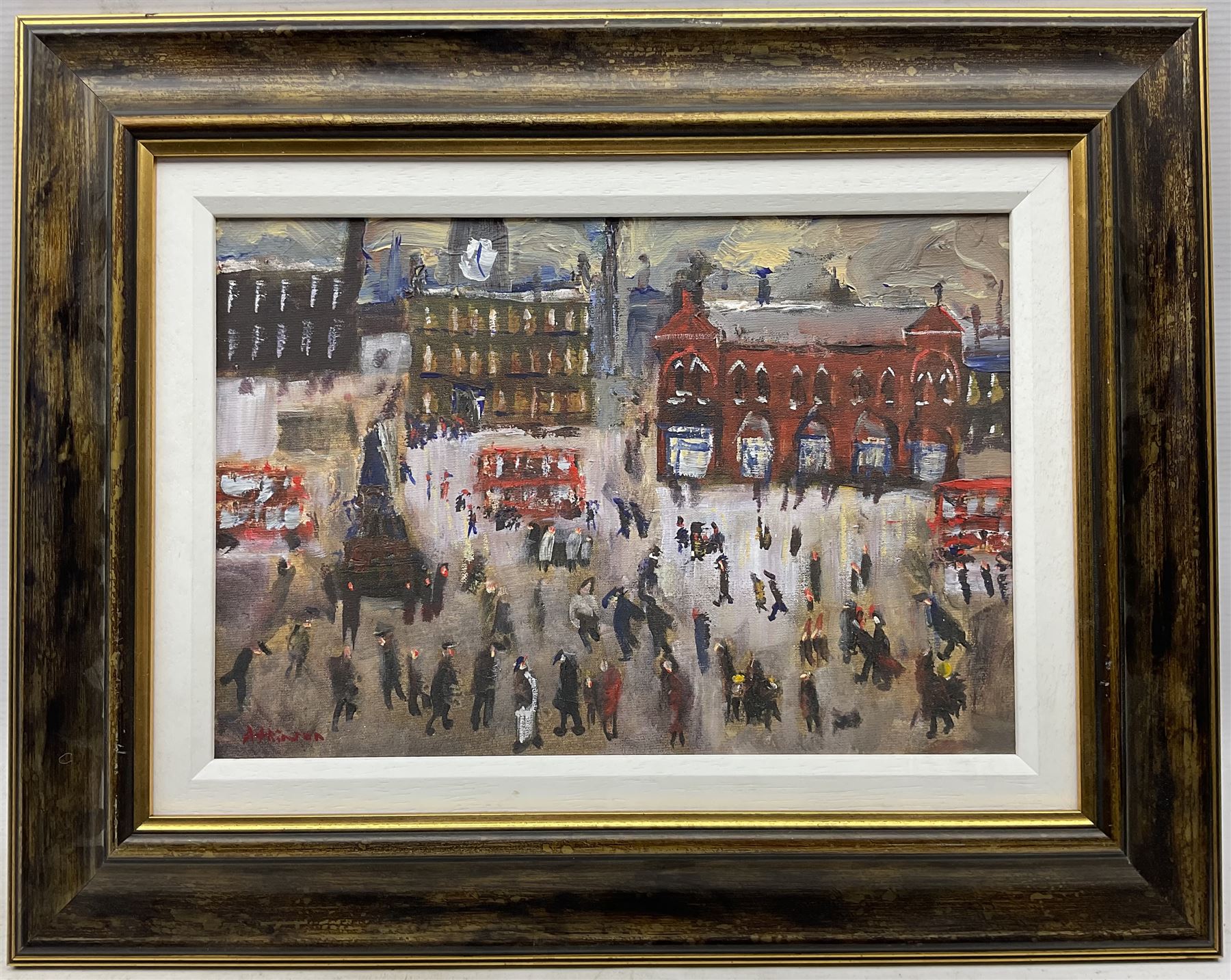 Sue Atkinson (Northern British 1949-2021): Busy London Street, oil on board signed 23cm x 34cm