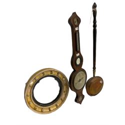 19th century barometer, circular convex wall mirror, brass warming pan
