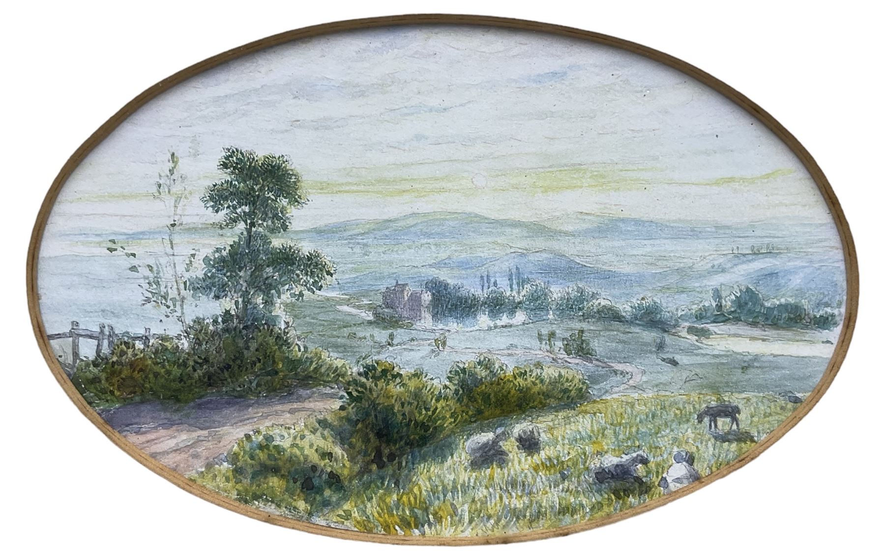 Circle of Myles Birket Foster (British 1825-1899): Expansive Landscape with Sheep, oval watercolour unsigned 9cm x 14cm