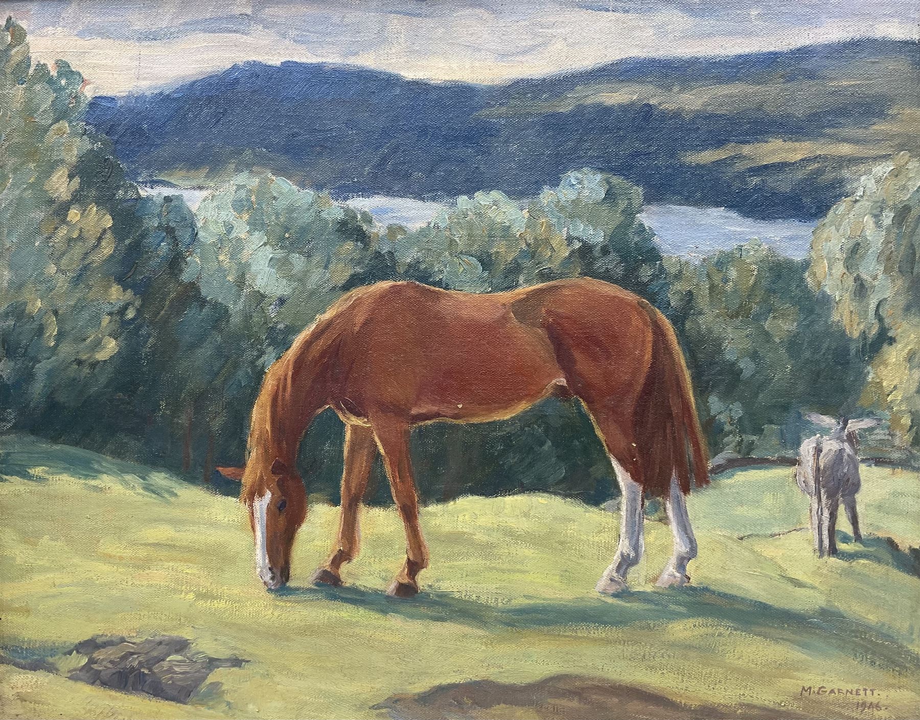 M Garnett (British 20th Century): Grazing Horses ''Ptarmigan' At Grass', oil on canvas signed and dated 1946, titled verso 29cm x 37cm 