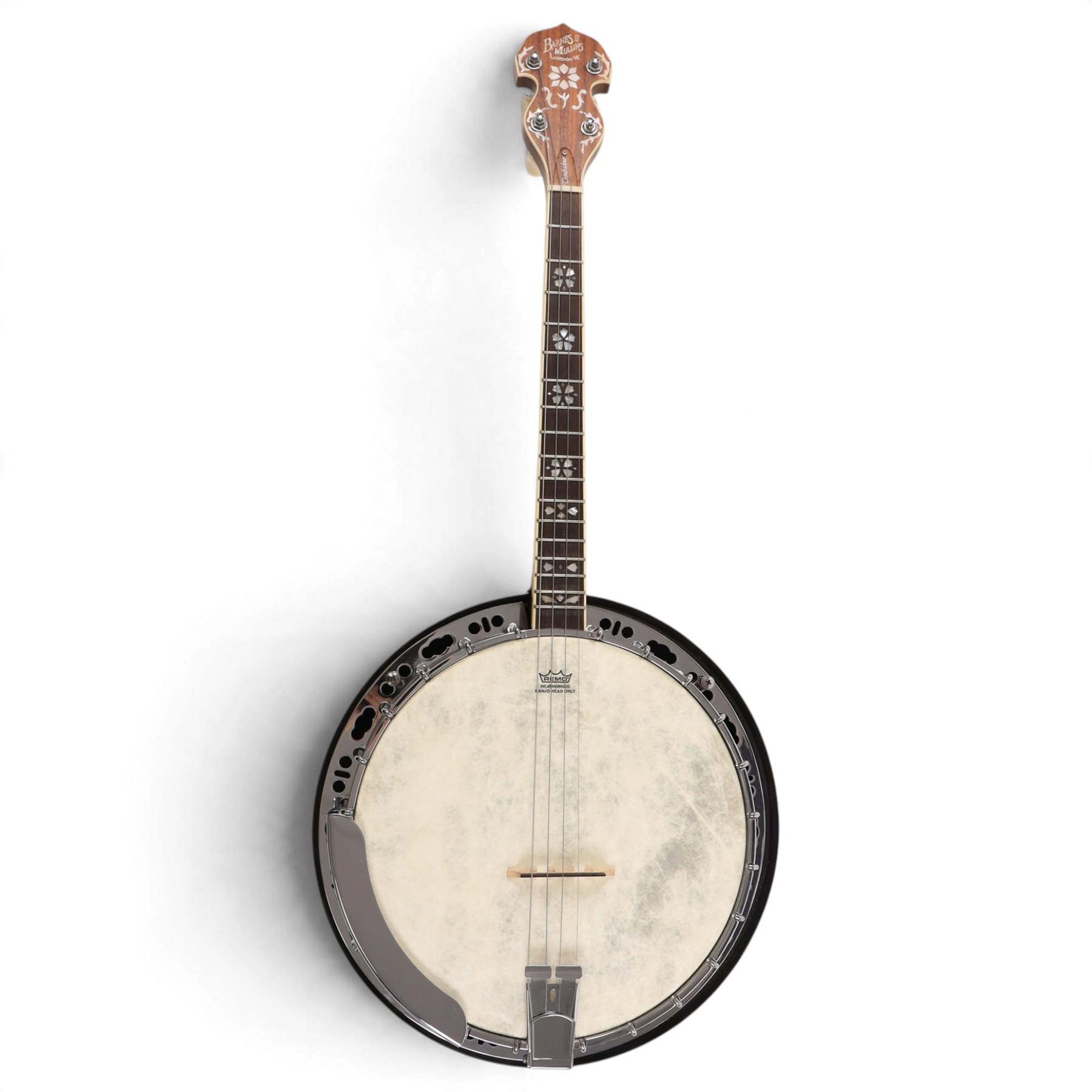 Barnes & Mullins Troubadour four string banjo, with Remo head and mother of pearl inlay to fretboard, in cardboard box, banjo L80cm