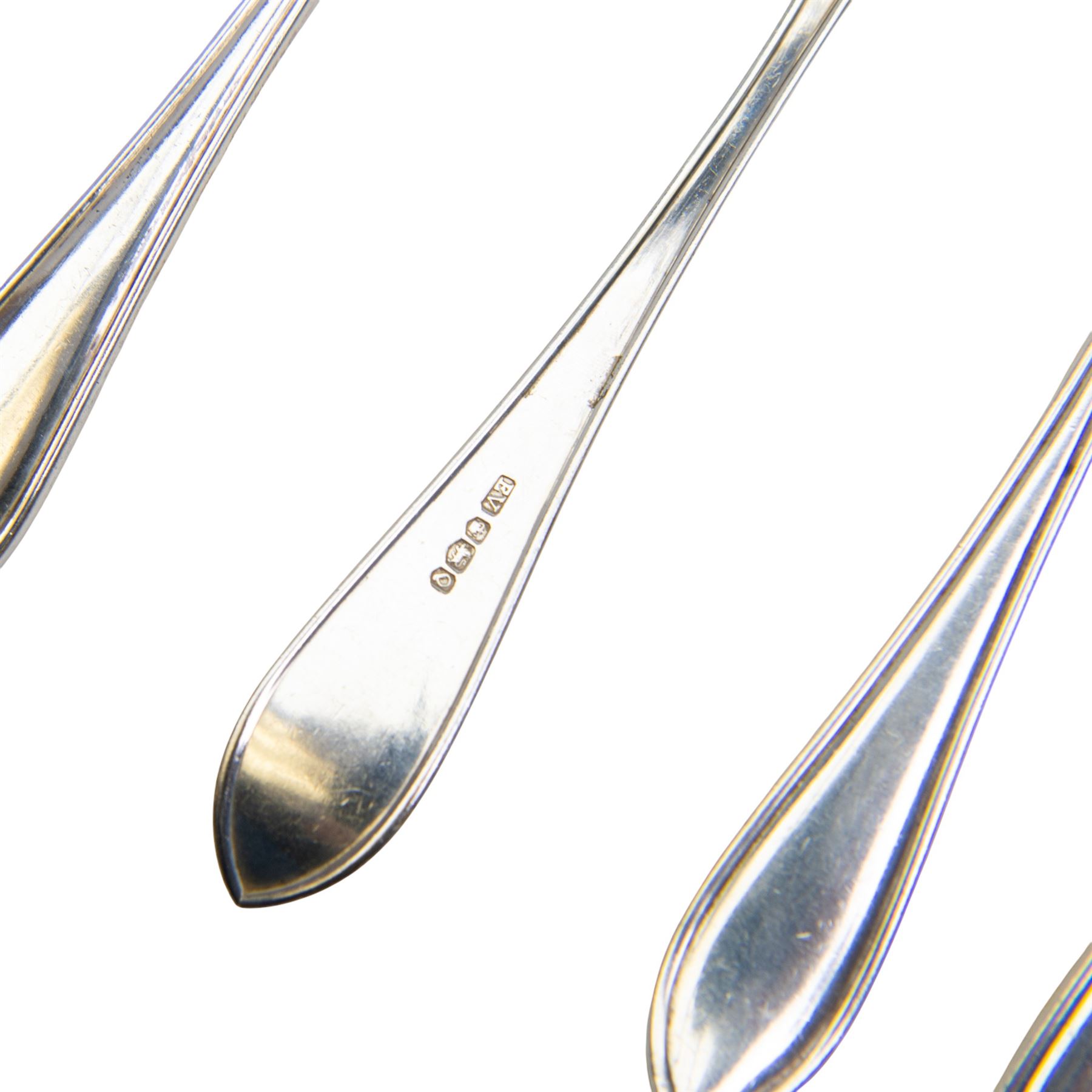 Mid 20th century silver canteen of Sandringham pattern cutlery for six place settings, comprising table spoons, table forks, silver handled table knives with stainless steel blades, dessert spoons, dessert forks, silver handled dessert knives with stainless steel blades, teaspoons, coffee spoons, silver handled fish knives and fish forks with silver blades, hallmarked Viner's Ltd, Sheffield 1955, contained in a wooden canteen with single drawer