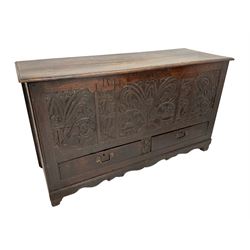 Late 18th century carved oak mule chest, hinged two plank moulded lid, the front relief carved with scrolled foliage and flower heads, initialled and dated 'J.R.H... 78', with two drawers, stile supports with shaped apron