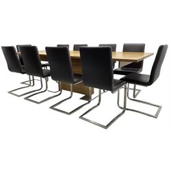 Contemporary walnut extending dining table, rectangular pull-out extending action top with two additional leaves, on rectangular base with burnished metal feet (160cm - 258cm x 100cm, H78cm); together with a set of ten cantilever dining chairs upholstered in stitched brown leather, on burnished metal supports 