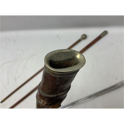 George V 1897 pattern Army Officer's sword by Henry Wilkinson Pall Mall London, the 82.5cm 'London Made' blade etched to both sides with Royal Crests and cyphers etc, pierced half-basket hilt with wire-bound fish skin grip and remains of leather knot strap; in leather covered field service scabbard L101cm overall; and two 14th Prince of Wales Own swagger sticks (3)