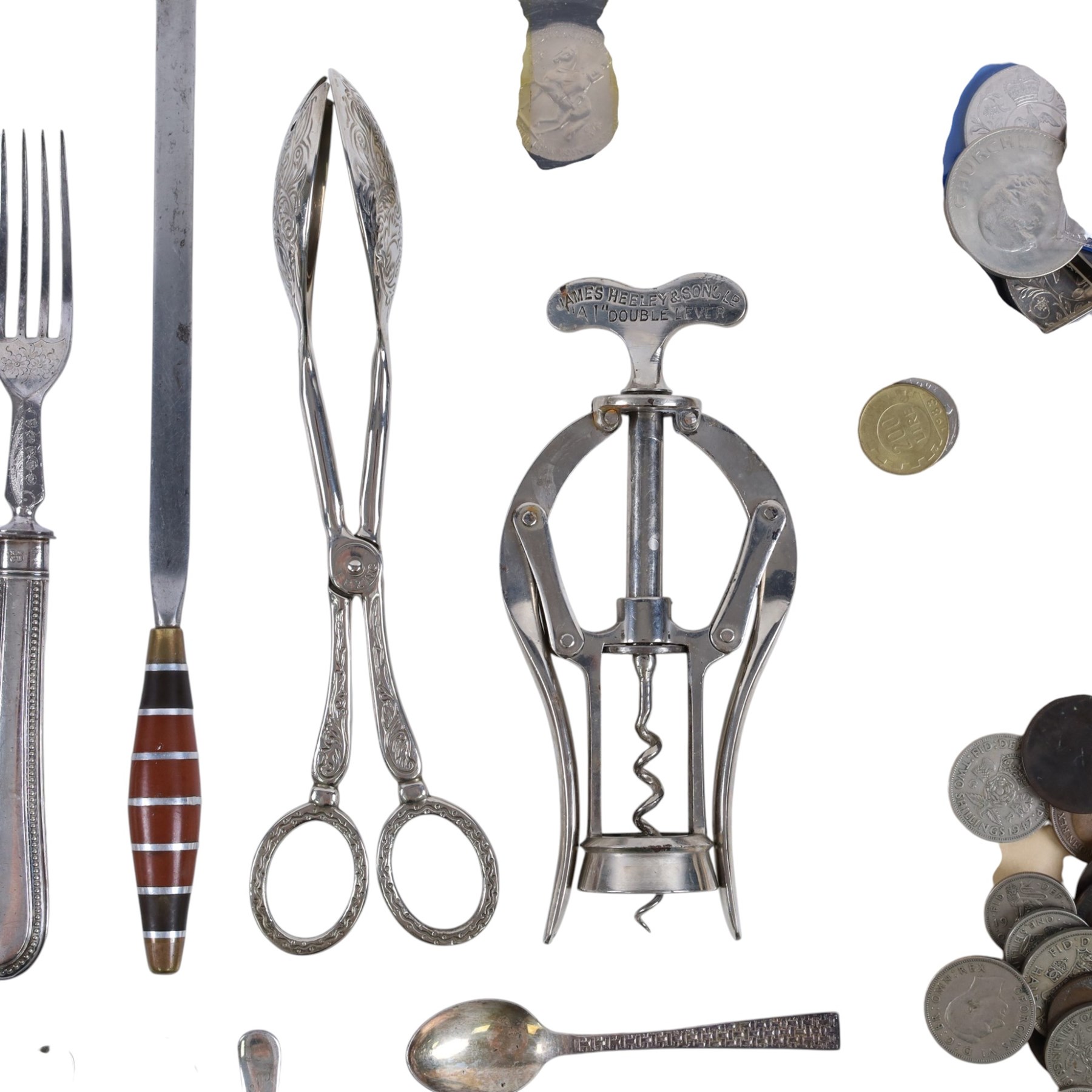 Collection of medals and coins, including Territorial Efficiency Medal, 1889 Amercian Morgan Silver Dollar, 1940 silver shilling, George IV coronation medal, Victorian and Edwardian pennies, commemorative coins etc and a quantity of silver plated cutlery
