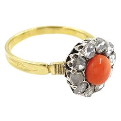 Early 20th century 18ct gold and silver coral and diamond cluster ring, single  cabochon cut coral, surrounded by ten rose cut diamond stones 