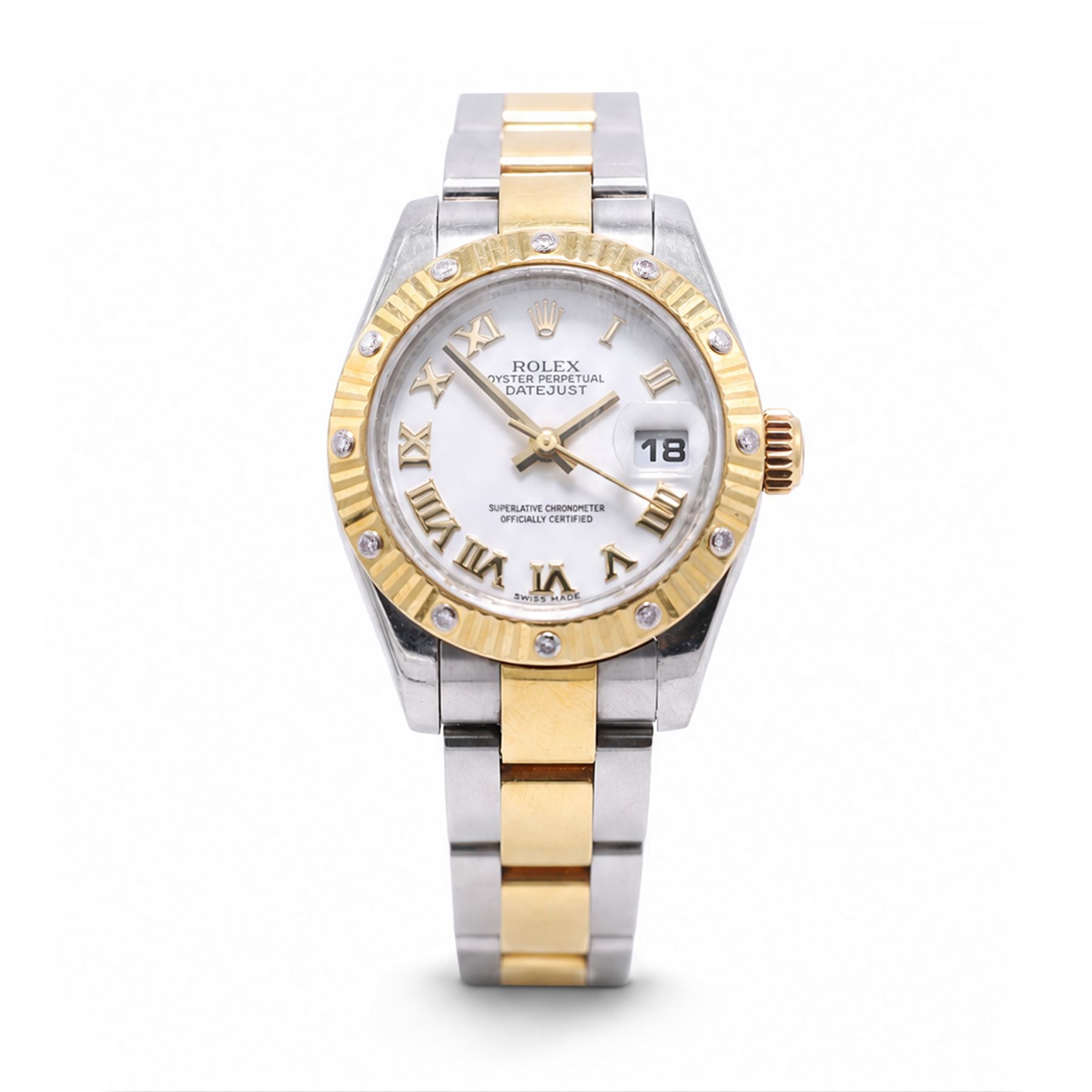 Rolex Oyster Perpetual Datejust ladies stainless steel and gold automatic wristwatch, circa 2009, Ref. 179313, serial No. V739209, white dial with Roman numeral hour markers and 18ct gold diamond set bezel, on gold and stainless steel and gold Oyster bracelet, with fold-over clasp, boxed with papers