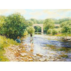 Leslie W Stones (British 20th century): 'A Day by the River', oil on canvas signed, titled...