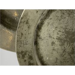 Collection of 18th and 19th century pewter, comprising two chargers, eight large plates, twenty six smaller plates, two bowls, three lidded measures, two jugs, tappit hen, and tankard, the plates with various marks and touch marks, including pseudo 'hallmarks', largest charger 37cm, large plates D30cm, smaller plates D24.5cm, tappit hen H26.5cm
