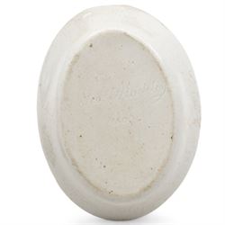 Early 19th century English porcelain miniature rosewater sprinkler in the form of a coffee pot, floral encrusted and painted body with flower knop handle and scroll handle, pattern no. 7916, H16.5cm, 19th century Rockingham style seated model of a Lion, L9.5cm and an early 19th century oval dish, inscribed beneath Geo. Maddey, 1803 (3)