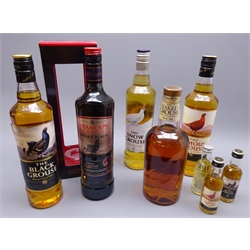  Famous Grouse Blended Bottlings - Snow, Famous and Black Grouse with miniatures, Smoky Black Grouse in carton, Naked Grouse, max 70cl 40%vol, 8btls  