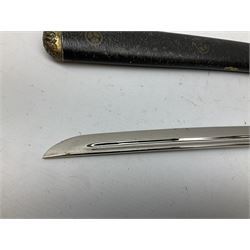 Three reproduction swords - Japanese katana and saya; Tai Chi sword with ornate scabbard; and dress sword with fullered triangular blade and horn handle (3)