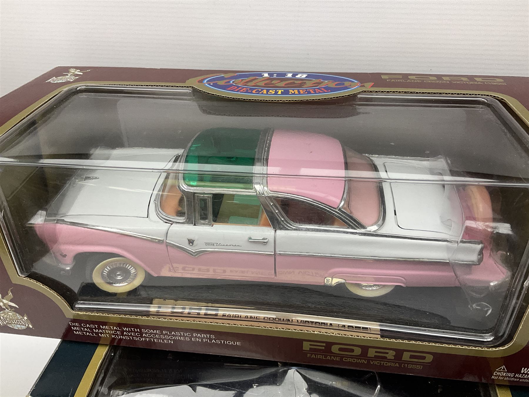 Six 1:18 scale die-cast models - Road Legends Chevrolet Nomad (1957) and Ford Fairlane Crown Victoria (1955); Universal Hobbies MGB-GT Mk.1 4-cylinder Old English White and Land Rover Serie III Police Patrol; Road Tough Shelby Cobra 427S/C (1964); and Mira 1955 Buick Century; all boxed (6)