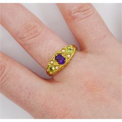 Silver-gilt amethyst, peridot and pearl ring, stamped Sil